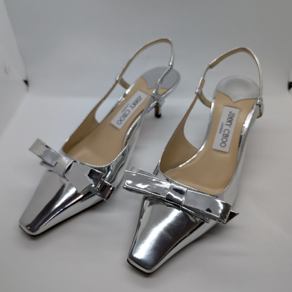 Jimmy Choo silver bow kitten heels, 38 EU NWOT